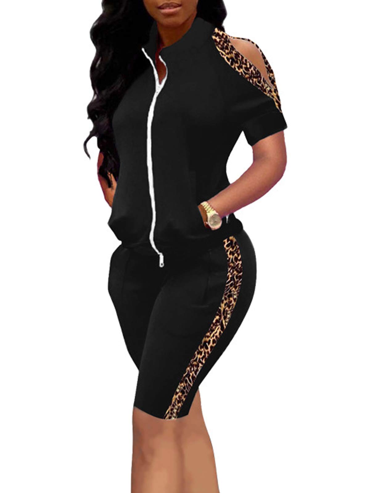 RAMOUG Women's 2 Piece Outfit Set - Color Block Zipper Top & Leopard Print Pants, Cold Shoulder Tracksuit for Casual Wear, Street Style & Party Outfits