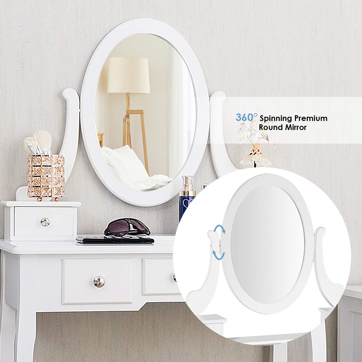 CHARMAID Vanity Table Set with Rotatable Oval Mirror & 5 Drawers - White Dressing Table with Cushioned Stool for Women & Girls | Perfect for Bedroom Makeup, Beauty Organization & Home Decor