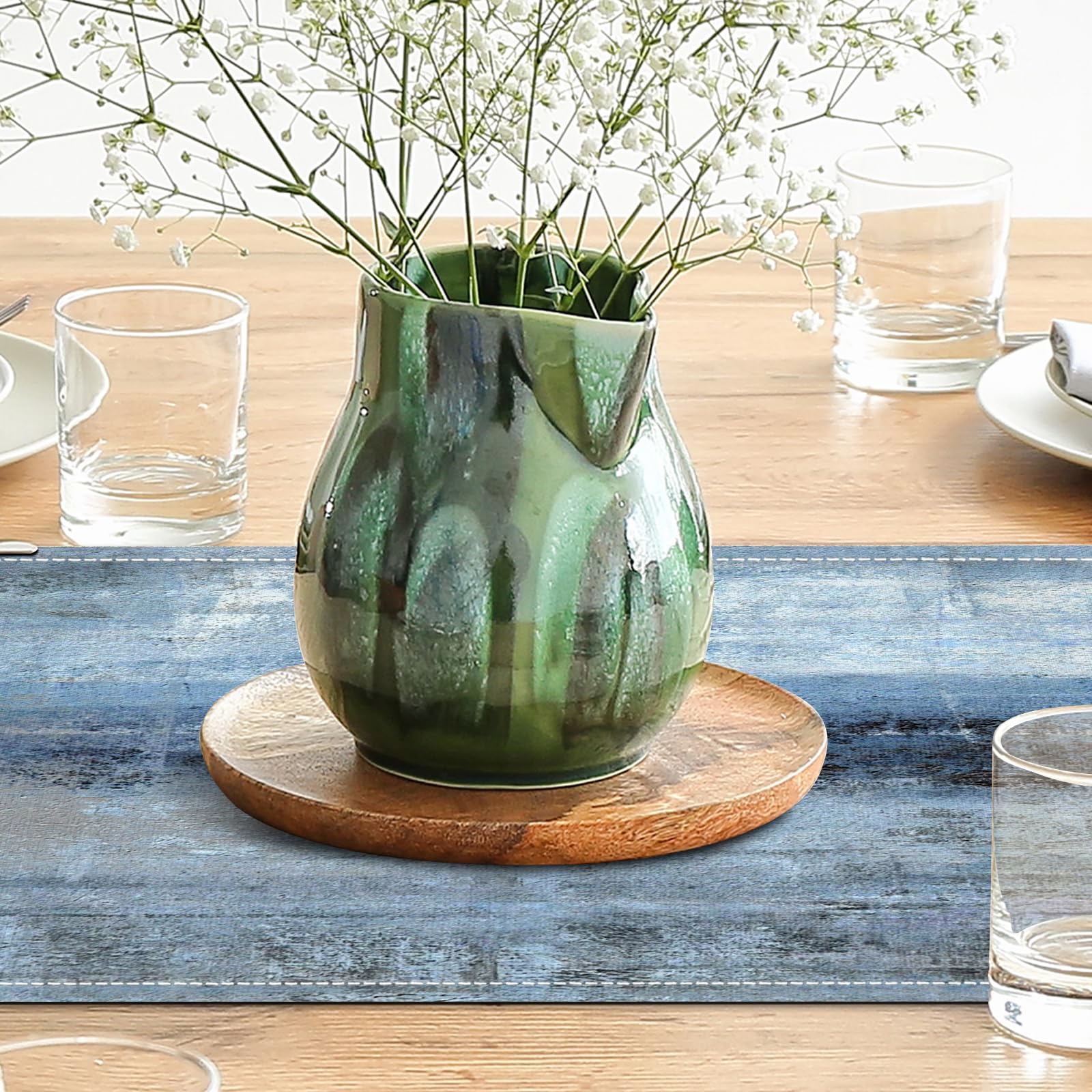 Modern Blue Grey Linen Table Runner - 13