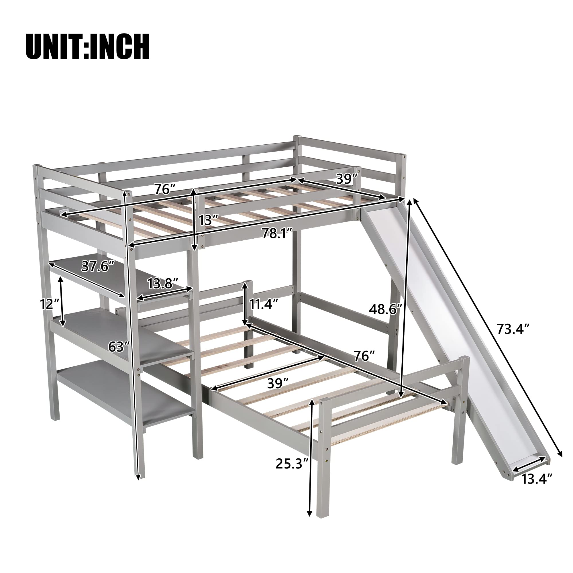 Harper & Bright Designs Twin Size Loft Bed with Slide & Shelves - Space-Saving Twin Over Twin Bunk Bed for Kids & Teens - Perfect for Small Bedrooms, Dorms & Playrooms (Grey)