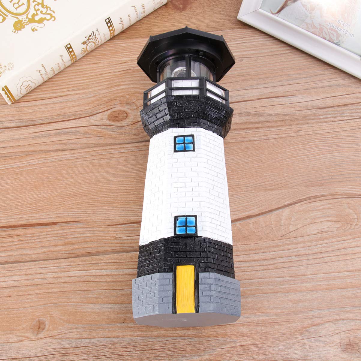 Solar Powered Rotating Lighthouse LED Light - Outdoor Decorative Garden Statue with Auto-Revolving Lamp for Patio, Lawn & Yard Decor (Black & White) | Perfect for Landscape Lighting, Pathway Illumination & Backyard Ambiance