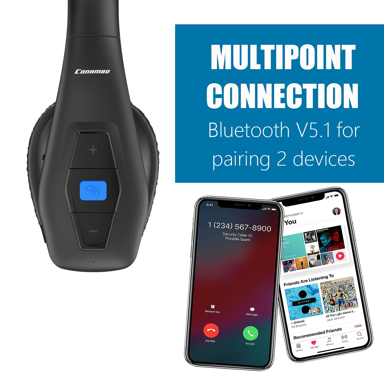 Conambo 2024 Upgraded Bluetooth Headset with Microphone - Trucker Headset with CVC8.0 Dual Mic Noise Cancelling & Mute Button, 35 Hours HD Talktime Wireless Headphones for Drivers, Home Office, Online Meetings & Gaming