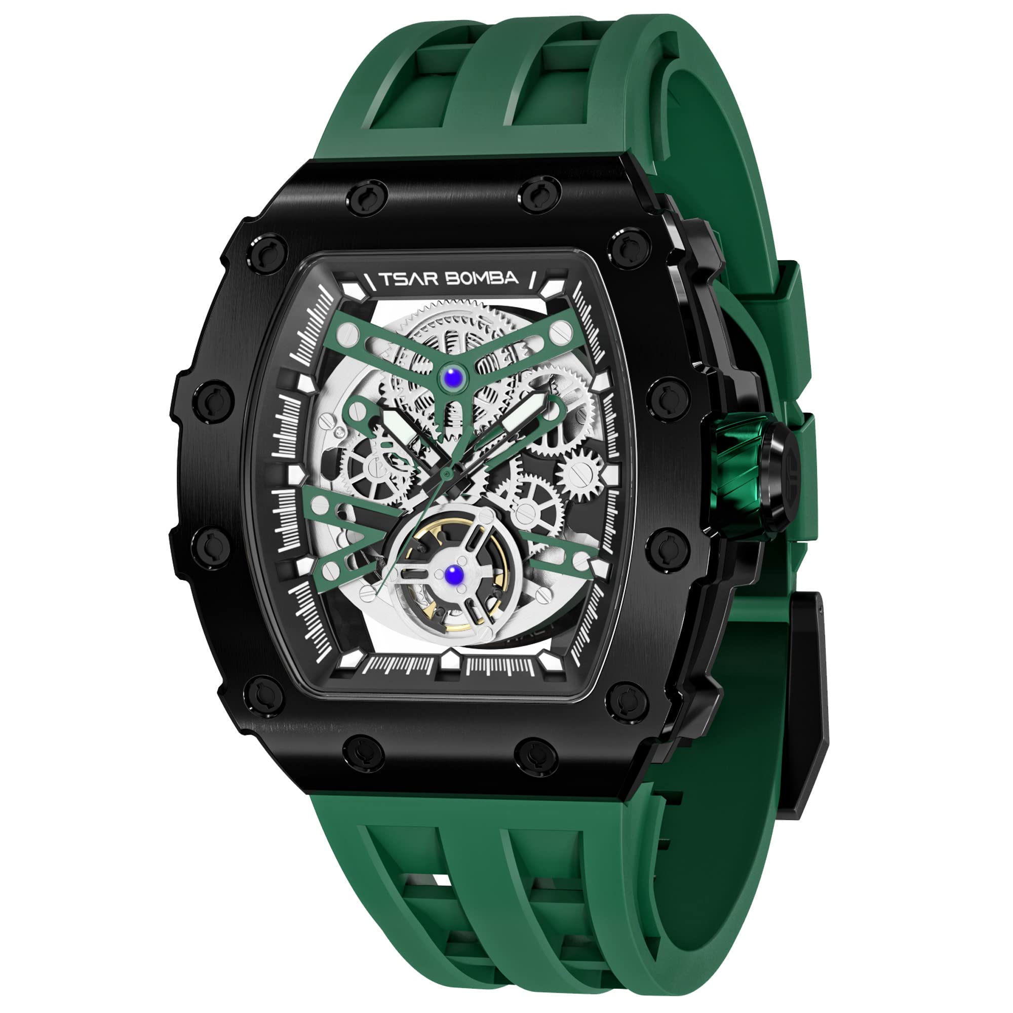 TSAR BOMBA Men's Automatic Skeleton Watch - Luxury Mechanical Tonneau Watch with Big Square Silver Dial, 50M Waterproof & Silicone Strap - Perfect for Business, Formal Events & Everyday Wear
