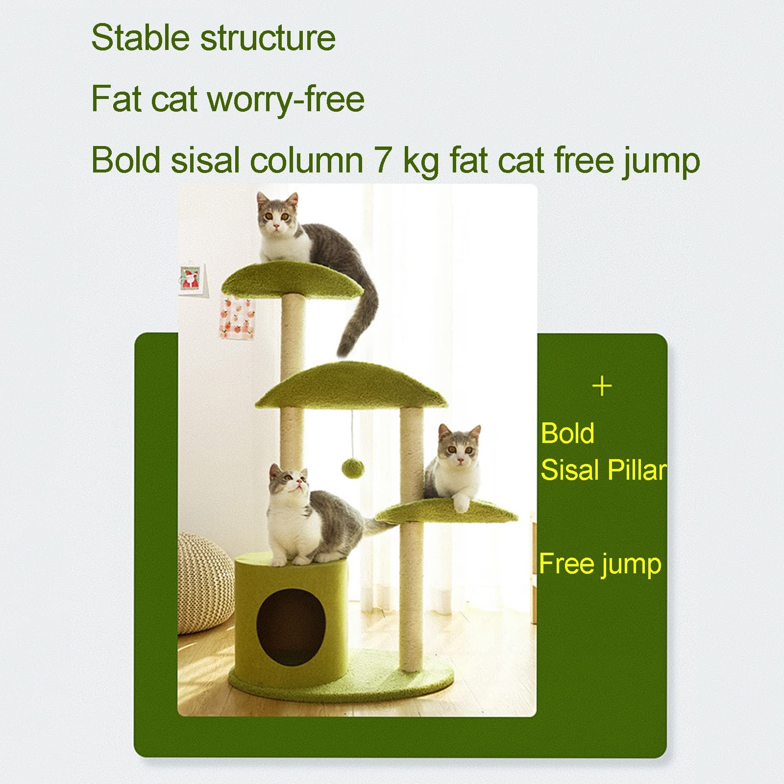 Premium Sisal Cat Scratching Post with Hanging Ball - 2-Level Cat Climbing Stand & Play House for Indoor Kittens (Green) | Durable Cat Furniture for Small Spaces, Perfect for Playtime & Nail Care