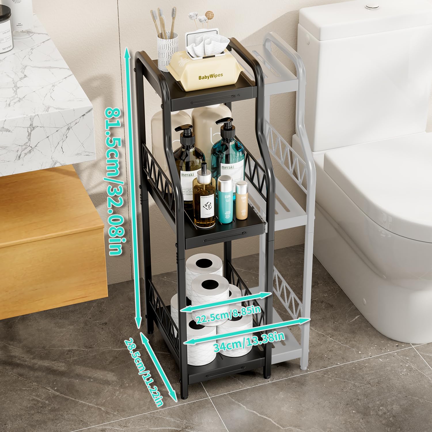 HapiRm 3-Tier Expandable Narrow Bathroom Shelf Organizer - Free Standing Metal Storage Rack for Bathroom, Kitchen & Laundry - Space Saving Slim Cabinet for Toiletries, Towels & Cleaning Supplies (Black) - Perfect for Small Spaces & Apartment Organization
