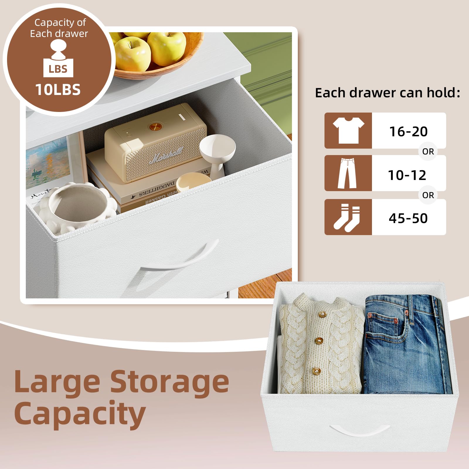 Somdot 4-Drawer Tall Dresser for Bedroom - White Leather Storage Organizer with Removable Fabric Bins - Perfect for Bedroom, Nursery, Closet, Laundry Room & Entryway Organization