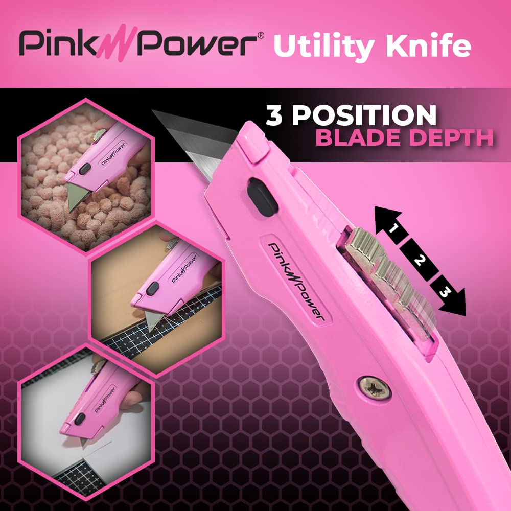 **Pink Retractable Utility Knife - Heavy Duty Box Cutter with 3 Blades & Storage Compartment - Carpet, Packaging & DIY Tool - Perfect for Women, Crafting & Home Use**