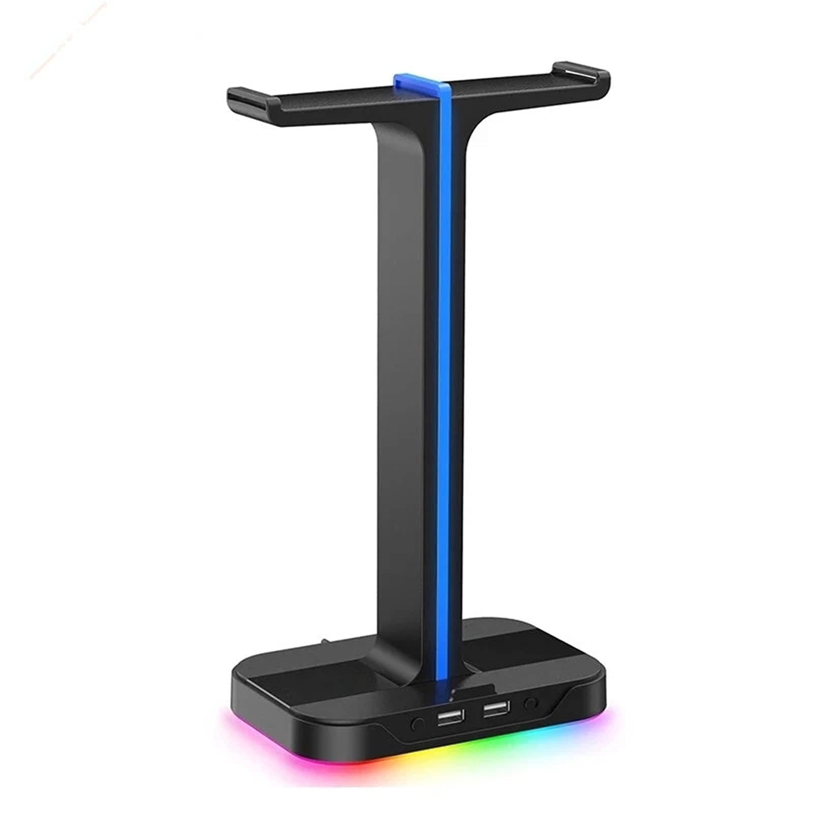 RGB Gaming Headphone Stand with Dual Headset Hanger, Phone Holder & 2 USB Charging Ports - Perfect for PC Gaming Setup, Desk Organization & Charging Multiple Devices (Black)