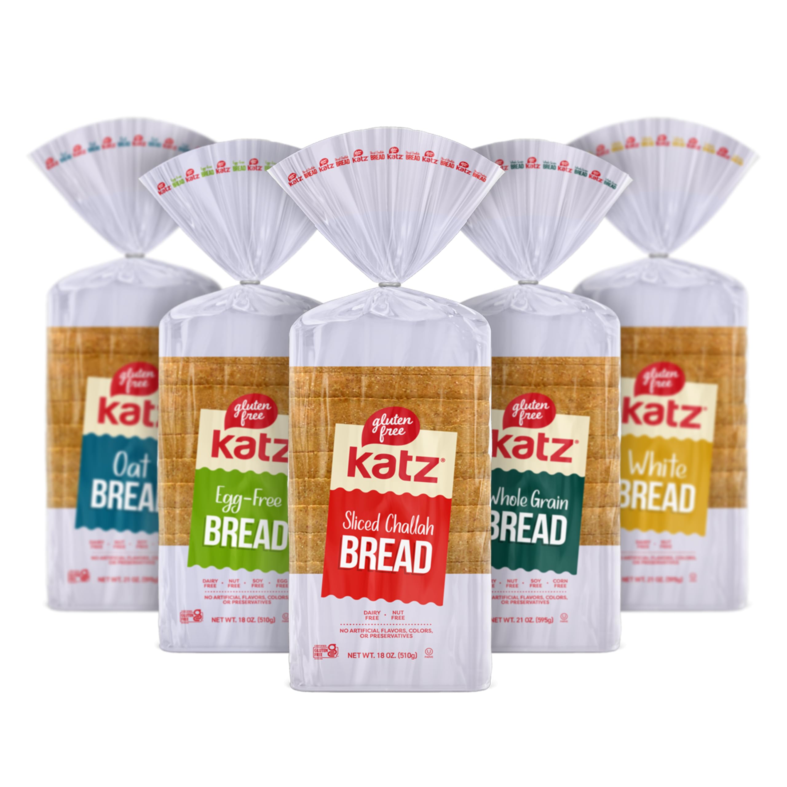 Katz Gluten Free Bread Variety Pack - White, Whole Grain, Oat & Challah Bread | Dairy Free, Nut Free, Soy Free, Egg Free | Kosher Certified (1 Pack Each) | Perfect for Allergies, Celiac Diet & Healthy Breakfast