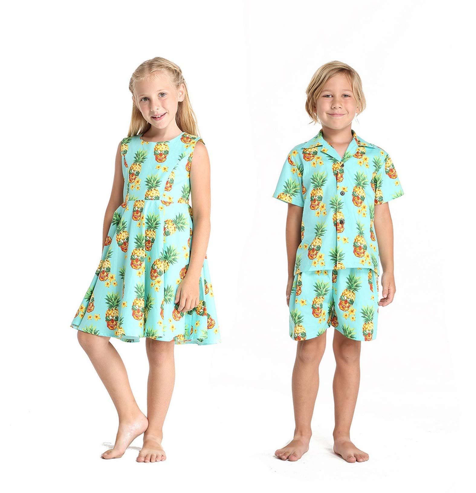 Hawaiian Luau Outfits for Siblings - Matching Boy and Girl Tropical Shirts & Dresses in Vibrant Patterns | Perfect for Family Vacations, Beach Parties & Summer Photoshoots