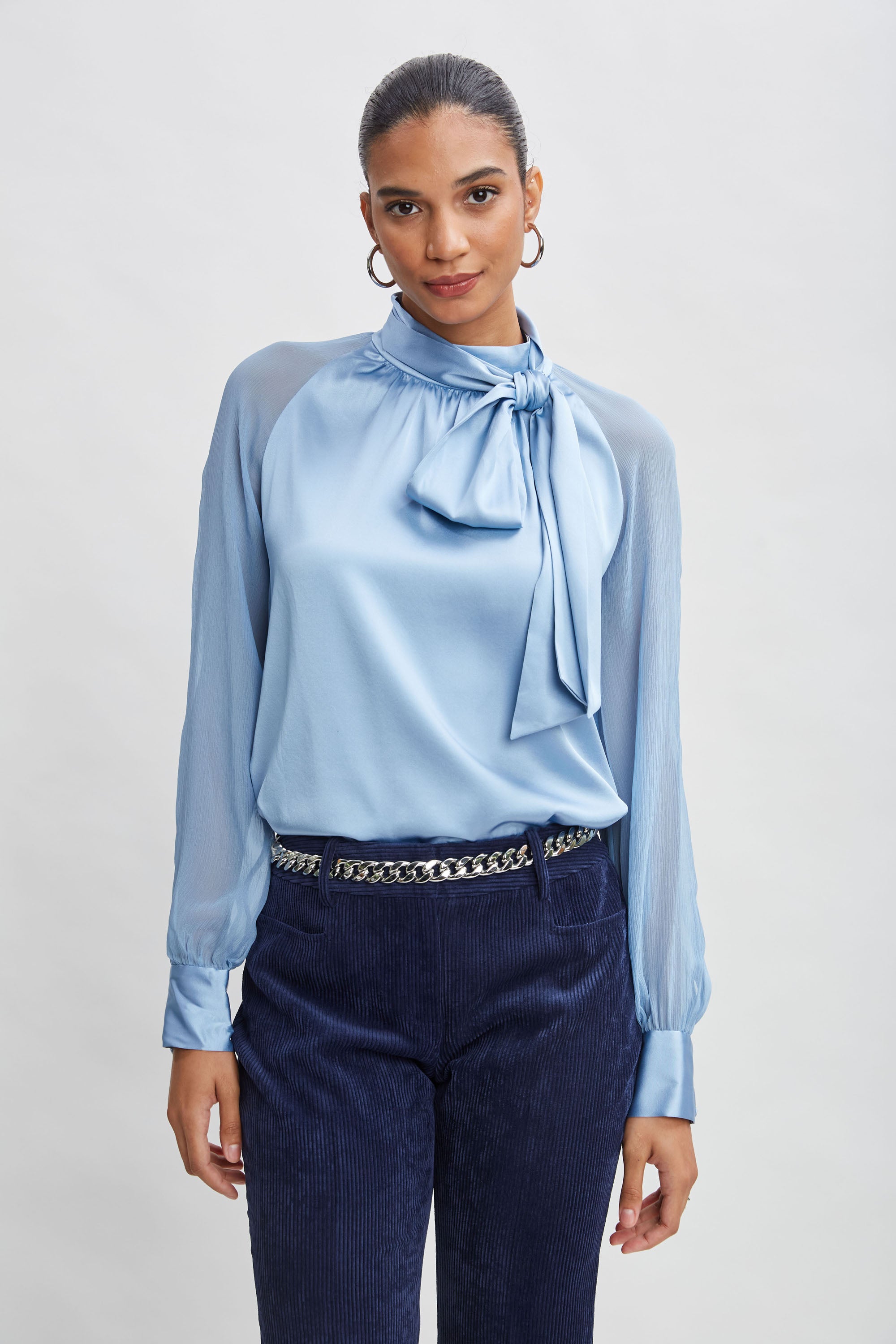 Elegant Chiffon Sleeve Silk Satin Tie Front Blouse for Women | Formal Office Wear & Evening Party Outfits