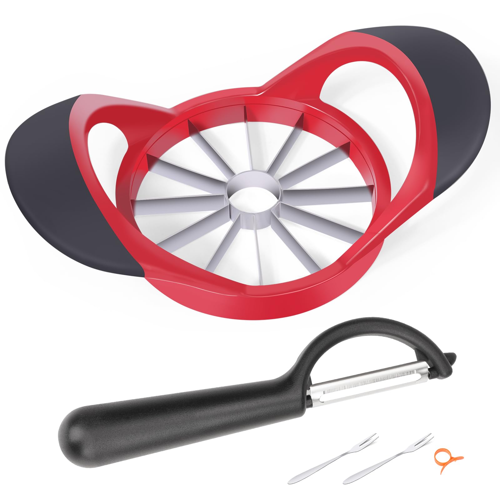 Premium 12-Blade Stainless Steel Apple Slicer & Corer Set with Peeler & Fruit Forks - Kitchen Gadgets for Fruit Prep, Snacks & Entertaining - Red (4.72 Inch)