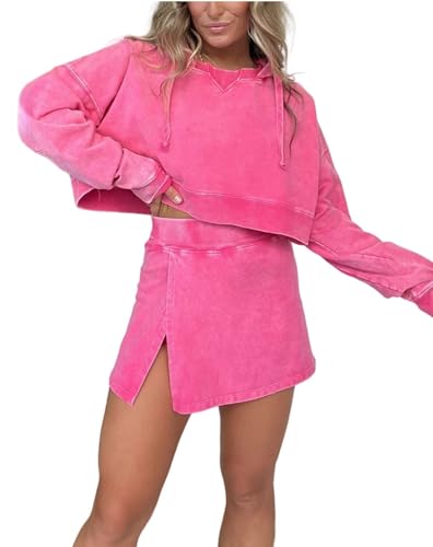 2024 New Pink Laura Lounge Washed Hoodie & Skirt Set - Women's 2-Piece Long Sleeve Outfit for Casual Wear, Loungewear & Street Style Fashion