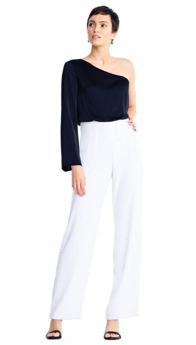 Aidan Mattox Women's Asymmetric Long Sleeve Jumpsuit - Black & Ivory | Elegant One-Piece Romper for Evening Parties, Date Nights & Special Occasions