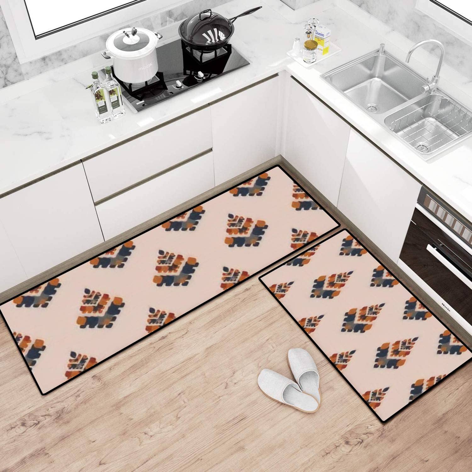 Colorful Ikat Tribal Striped Non-Slip Kitchen Rugs Set - Washable Mexican Floor Mat, Kitchen Runner & Bath Rug - Perfect for Standing Comfort in Kitchens, Entryways & Bathrooms