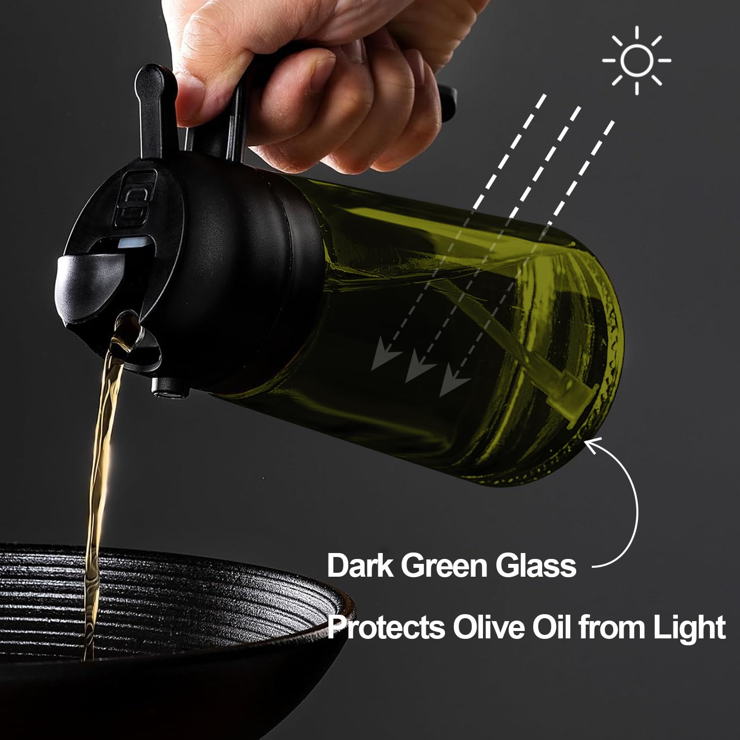 16oz (470ml) Olive Oil Dispenser & Sprayer Bottle - 2-in-1 Kitchen Oil Container with Brush - Lightproof Design for Cooking, Grilling, Salad Dressing & Baking - Perfect for Olive, Vegetable & Coconut Oils