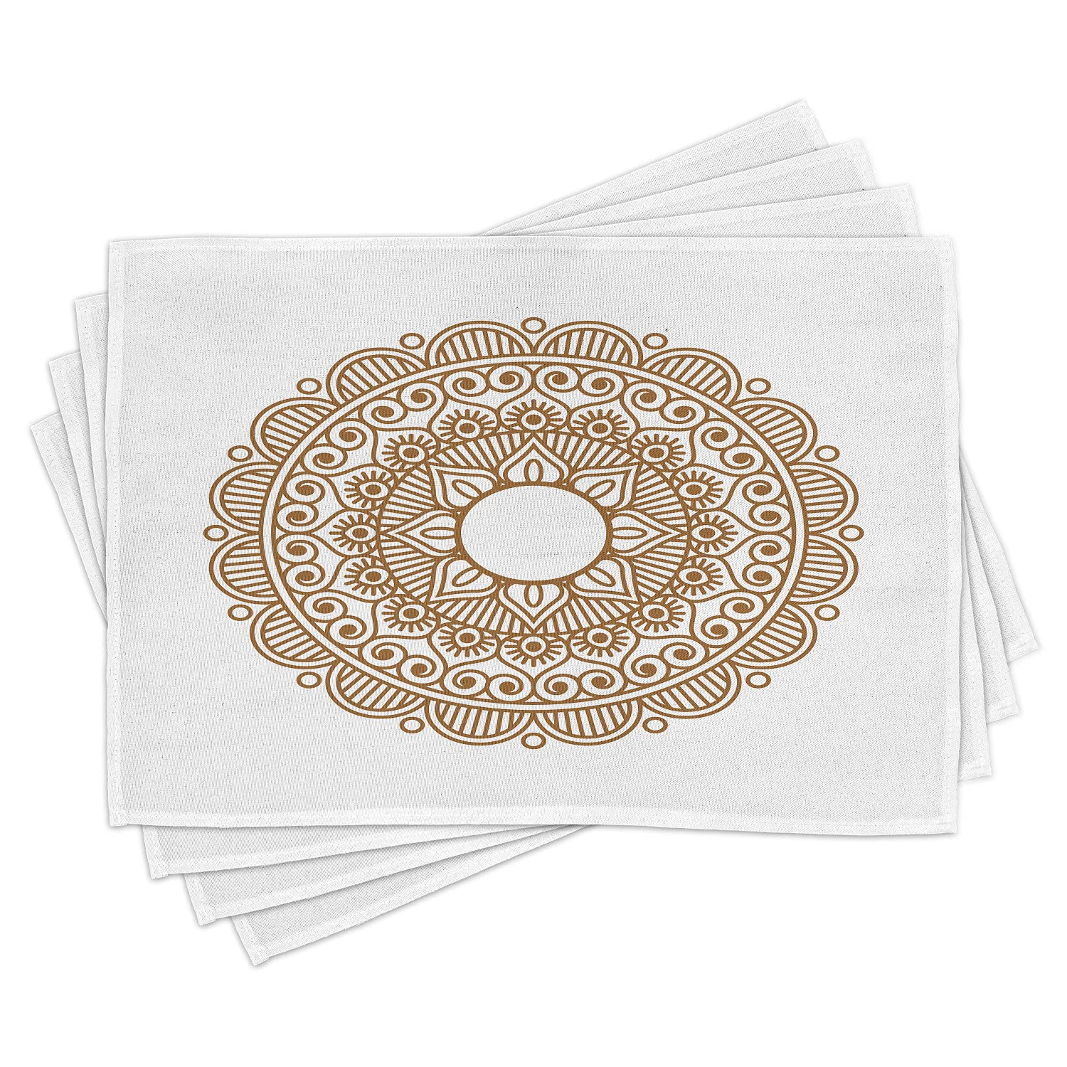 Ambesonne 4-Piece Mandala Placemats Set - Oriental Floral Tattoo Inspired Round Eastern Design, Washable Fabric Table Mats for Dining Room Decor - Standard Size in Pale Caramel White - Perfect for Boho Home Decor, Dinner Parties & Asian-Themed Events