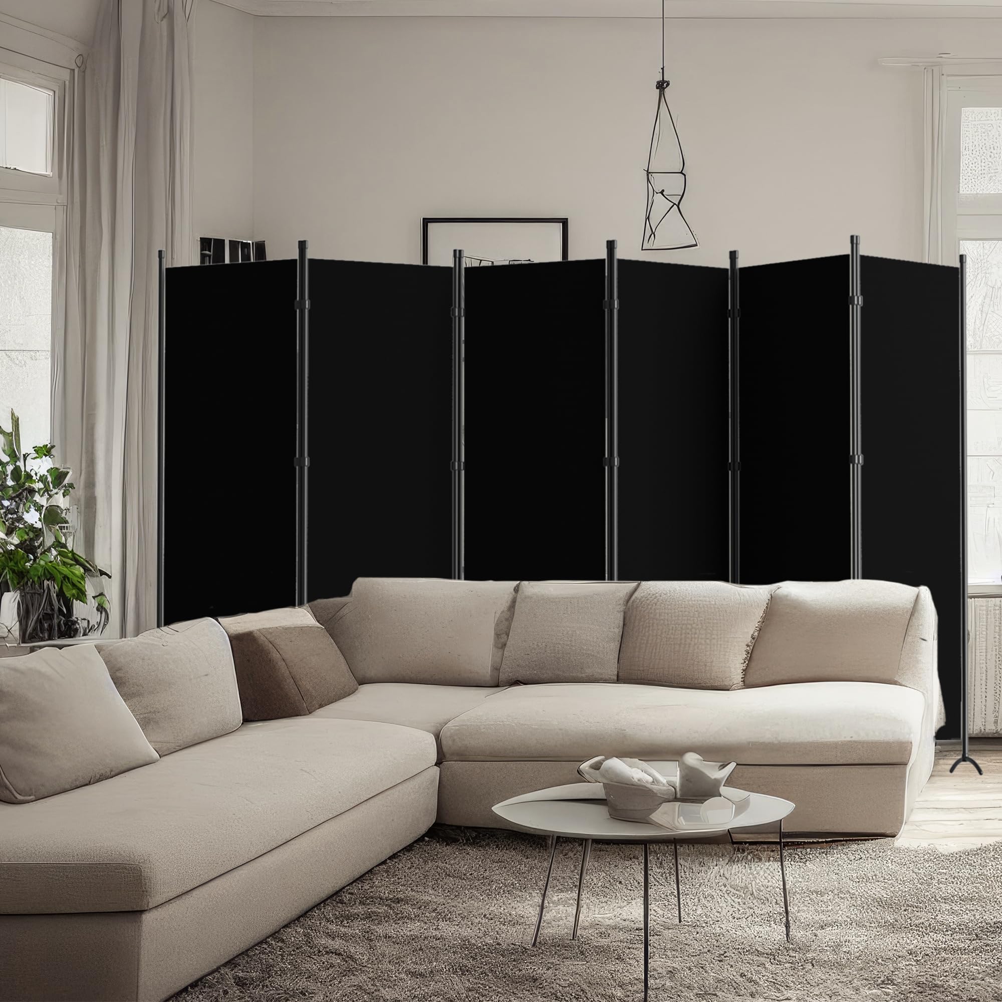 6 Panel Folding Room Divider Screen - 6FT Tall Freestanding Privacy Partition for Office, Bedroom & Living Room - Portable Black Fabric Wall Divider (200
