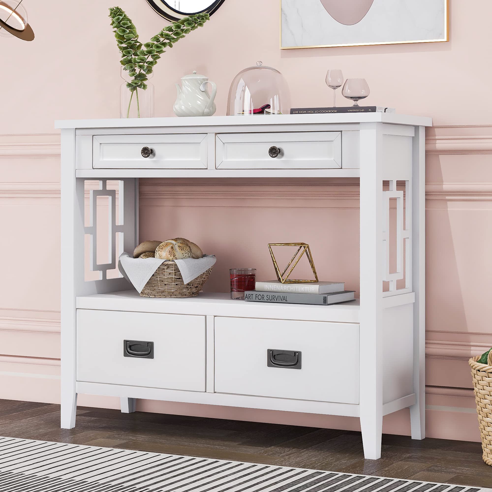 Quarte Console Table - Entryway Hallway Sofa Table with 4 Drawers & 1 Shelf, Thick Wood Accent Side Table, Retro Style Living Room & Bedroom Furniture, Easy Assembly (White) - Perfect for Small Spaces, Apartment Entryways & Home Decor