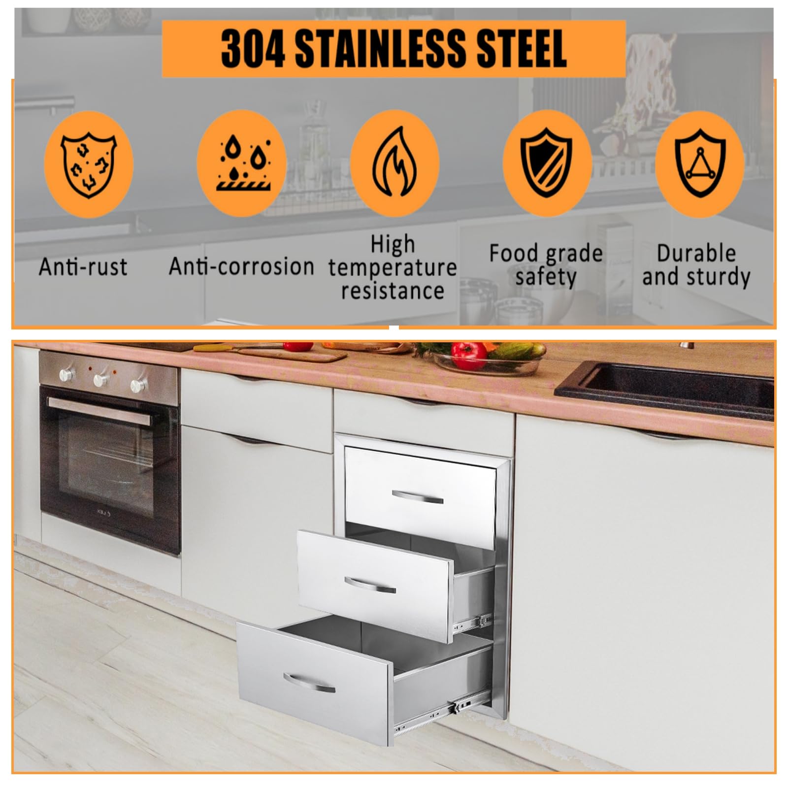 Stainless Steel Triple BBQ Storage Drawers for Outdoor Kitchen - 20W x 23D x 27H Inches Flush Mount Built-in Drawers with Venting Panel - Perfect for Kitchen Island, Patio Grill Station & Backyard Entertaining
