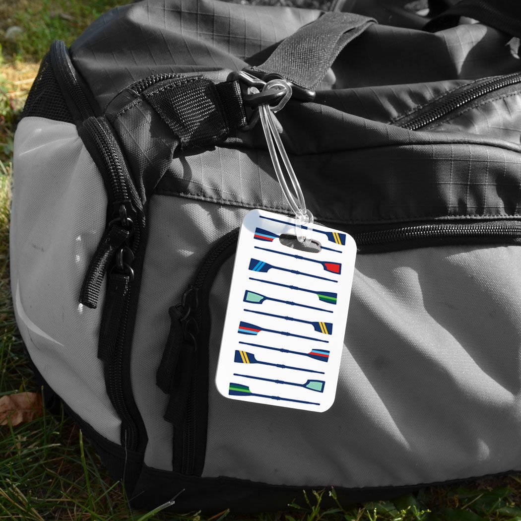 ChalkTalkSPORTS - Medium White Crew Luggage & Bag Tag with Oar Pattern & Custom Info on Back - Perfect for Travel, Sports Teams, and Personalized Identification