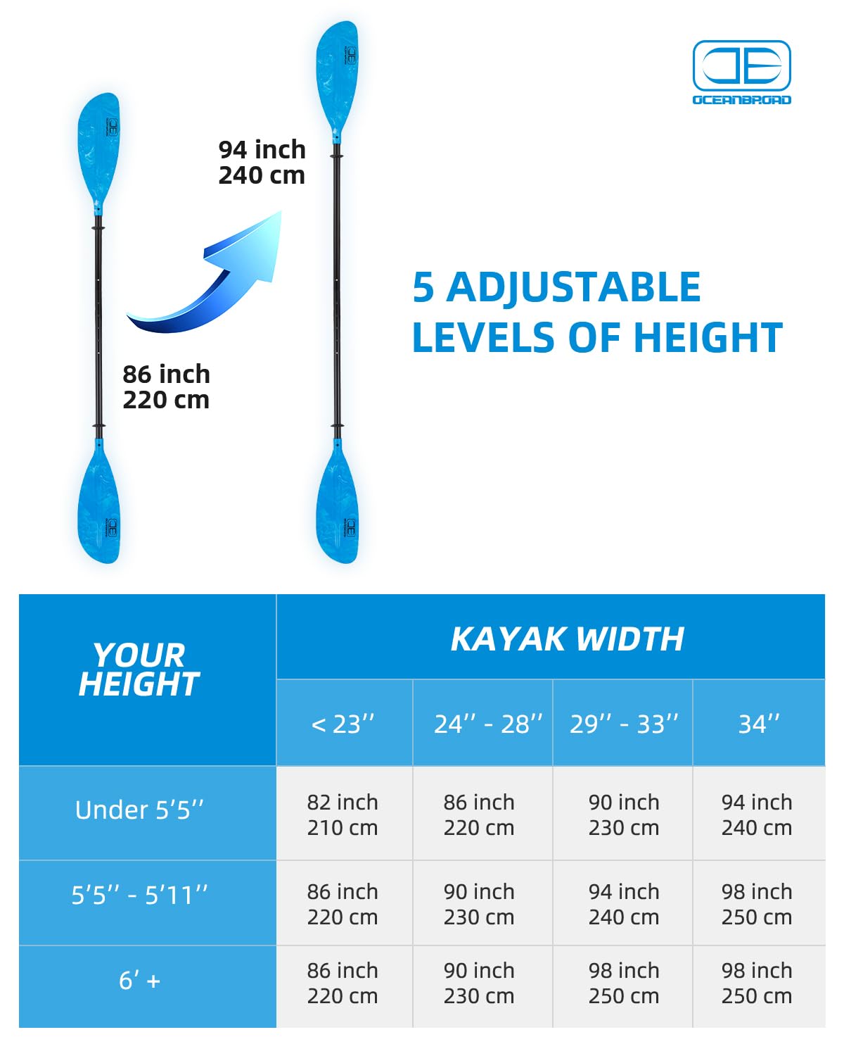 OCEANBROAD Adjustable Kayak Paddle 86-94 inches (220-240cm) - Lightweight Aluminum Shaft with Ergonomic Grip for Kayaking, Canoeing & Boating - Includes Paddle Leash for Secure Use on Lakes, Rivers & Coastal Waters