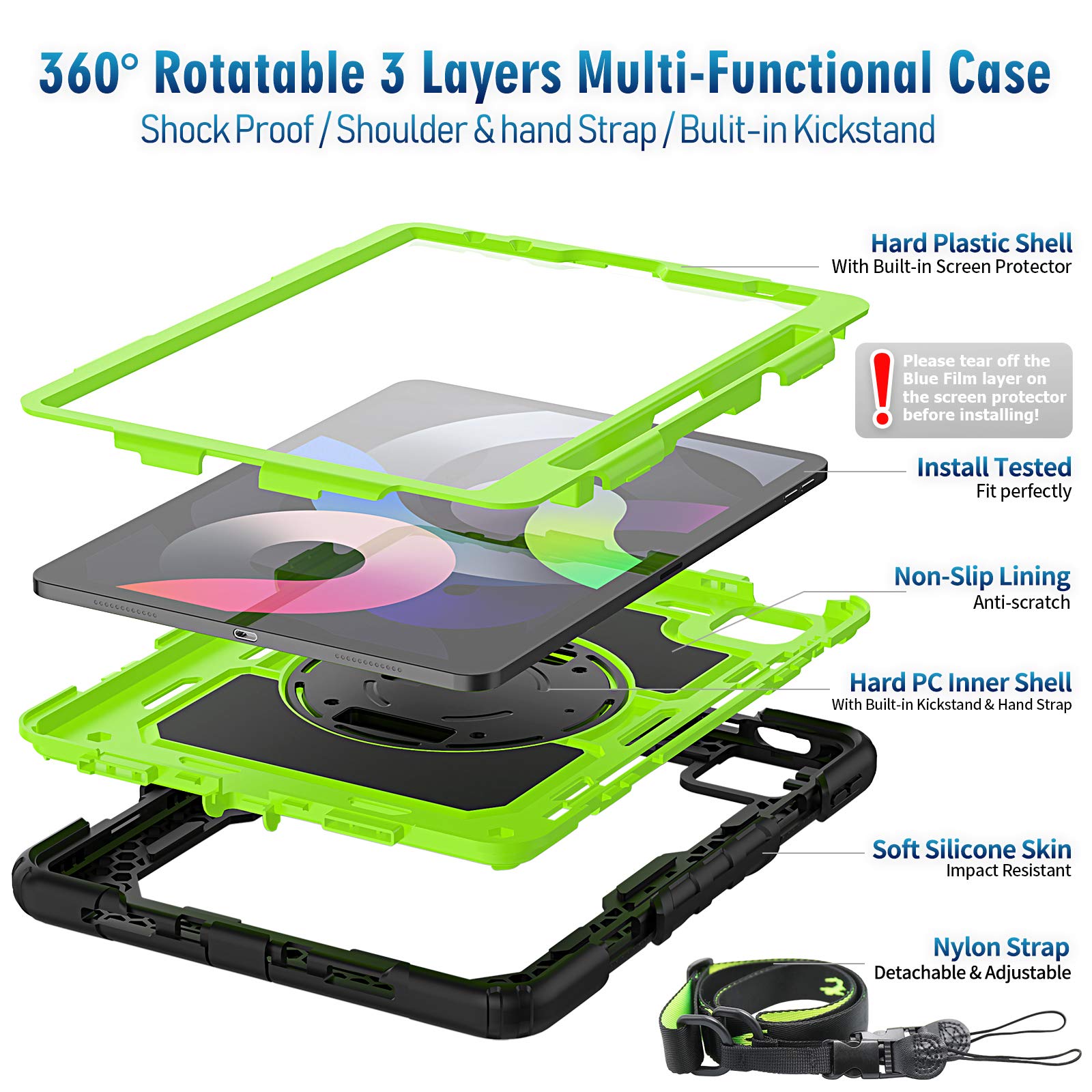 Timecity iPad Air 4/5 Case (10.9 Inch 2020/2022 Model) - Protective Cover with Screen Protector, Swivel Kickstand, Hand Strap & Pencil Holder - Perfect for Work, Travel & School (Green)