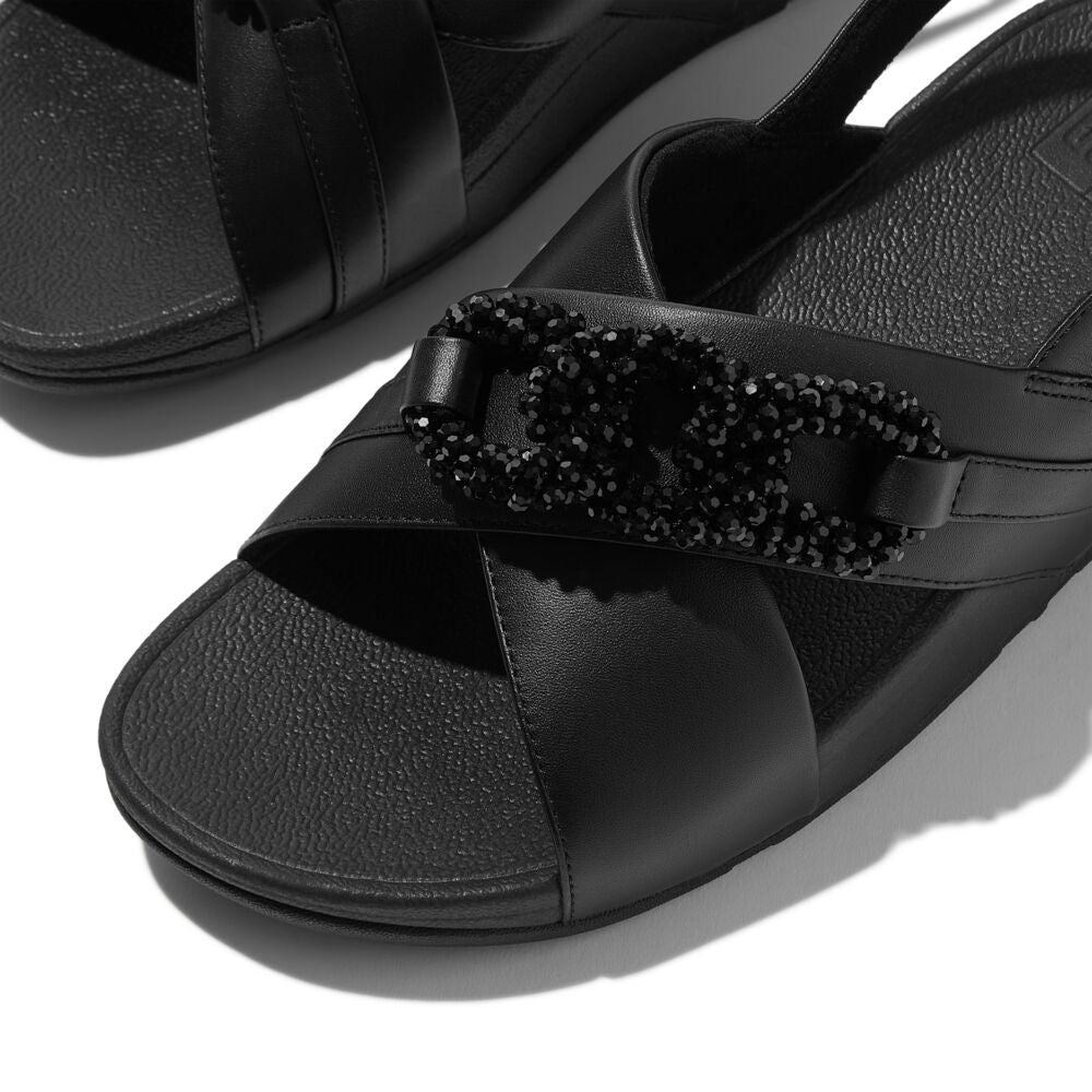 FitFlop Lulu Beaded Chain Leather Backstrap Sandals for Women - Comfortable Black Summer Sandals for Walking, Beach & Casual Outings