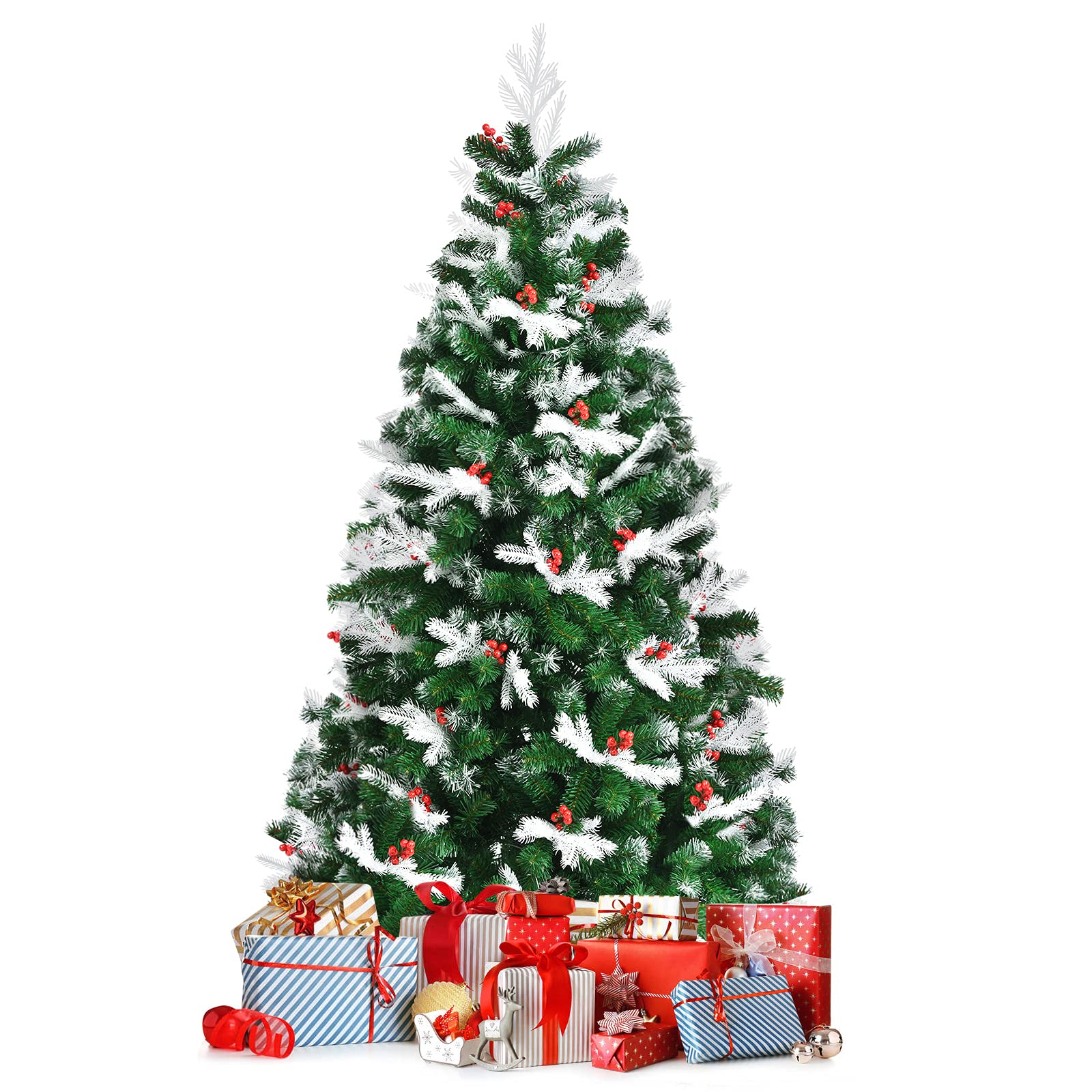 Premium 6ft Snow Flocked Artificial Christmas Tree with 818 Branch Tips - Hinged Design, Folding Metal Stand, White Tree Top & Red Berries - Perfect for Home, Office, Shopping Mall & Holiday Decorations