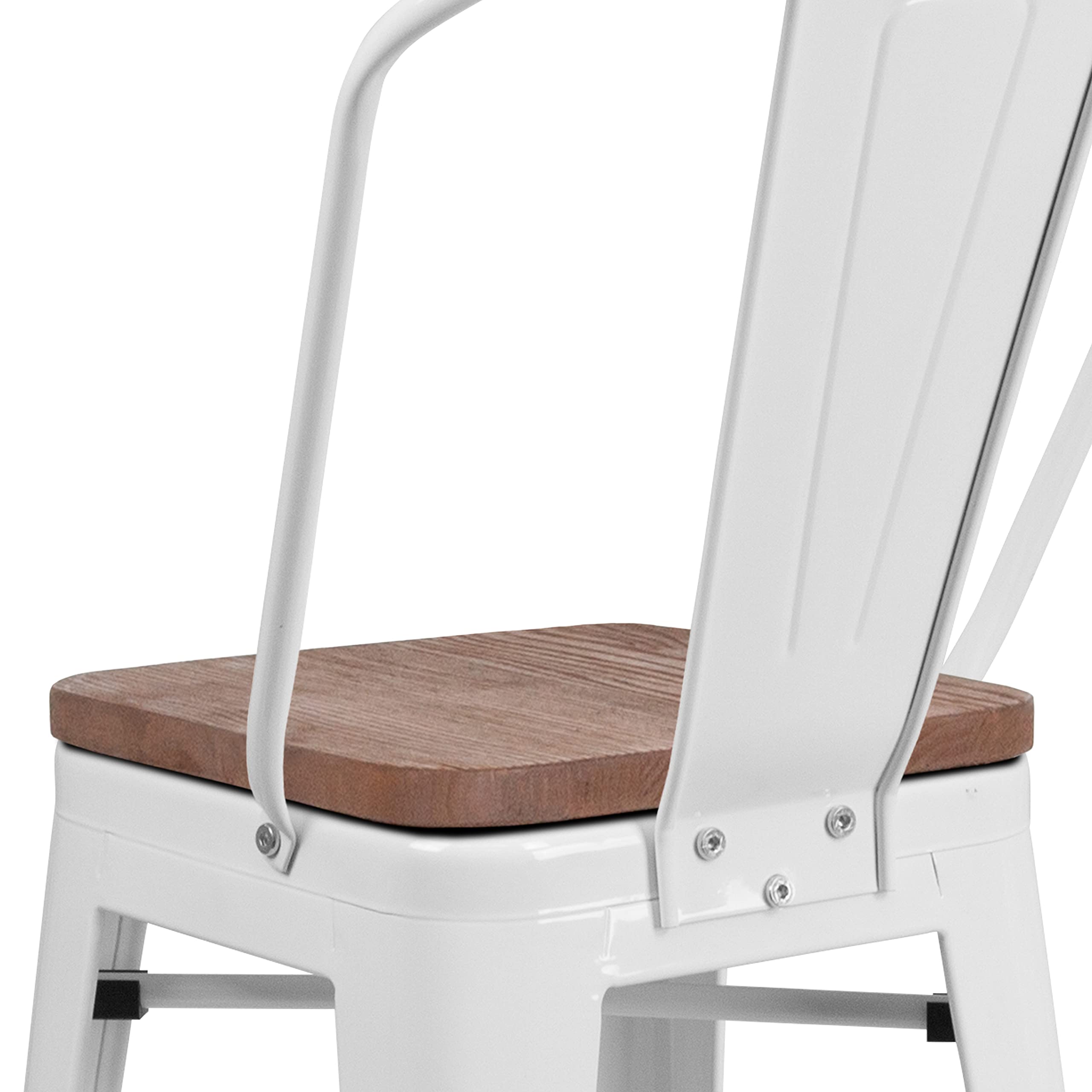 EMMA & OLIVER 24 Inch White Metal Counter Height Bar Stool with Wood Seat & Back Support - Perfect for Kitchen Islands, Breakfast Bars & Dining Tables