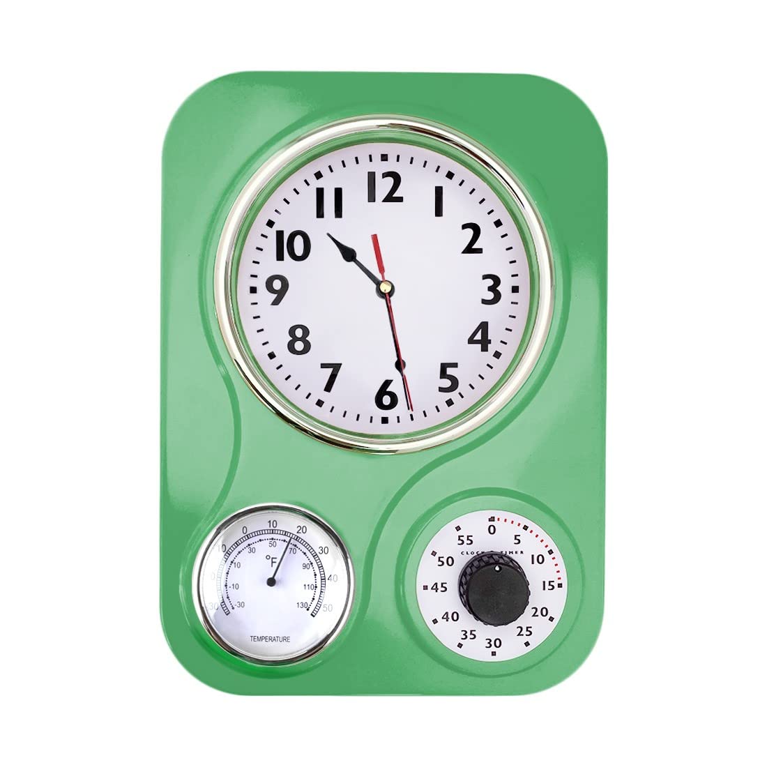 Vintage Kitchen Wall Clock with Temperature & Timer - Retro Green Style for Farmhouse, Cafe & Home Decor