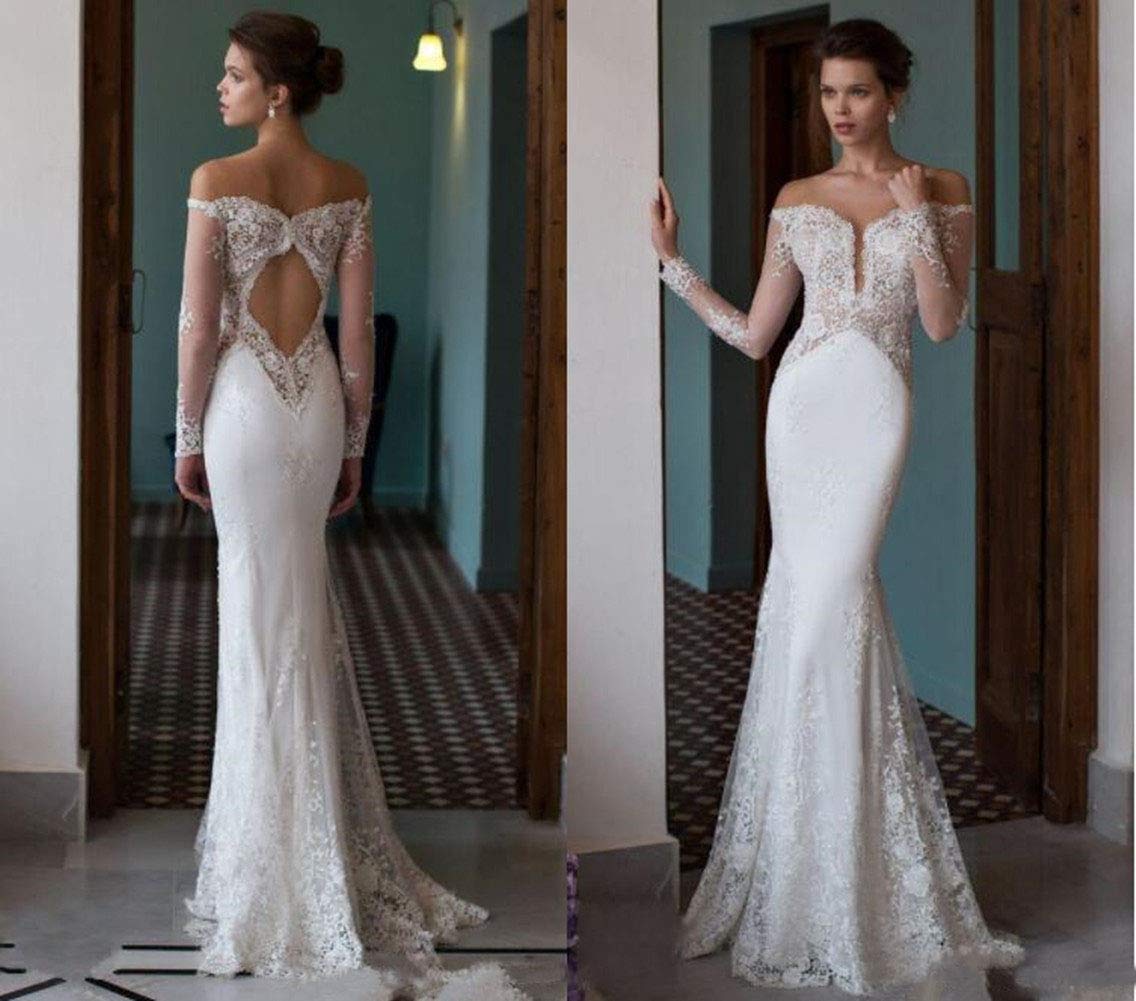 Elegant Off The Shoulder Mermaid Wedding Dress with Lace Detailing & Sexy Open Back - Perfect for Beach Weddings, Vow Renewals & Romantic Photoshoots