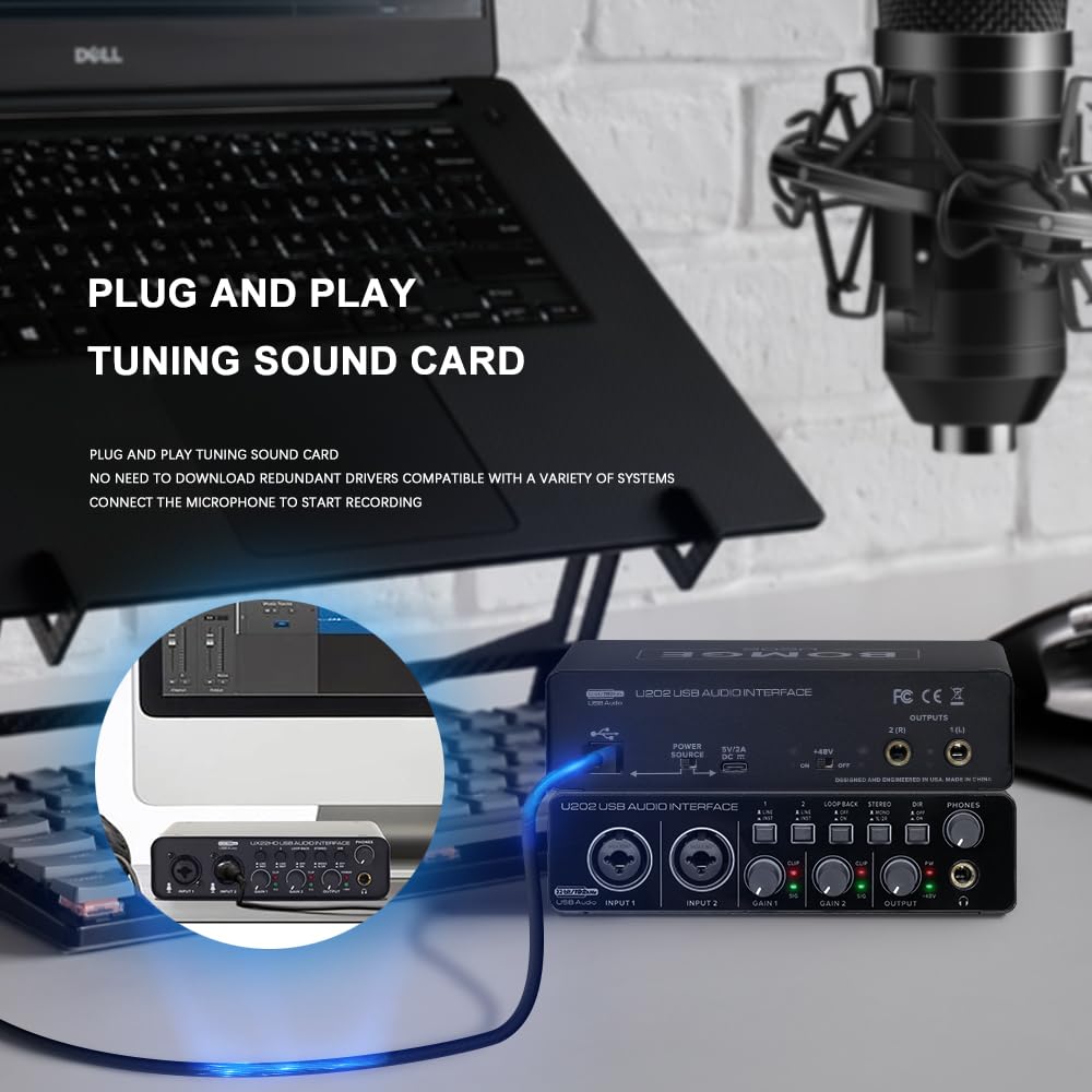 BOMGE U202 USB Audio Interface with Mic Preamplifier - XLR/TSR/TS Inputs, 48V Phantom Power, 32-Bit/192kHz High Resolution for Computer Recording, Live Streaming & Podcasting - Perfect for Home Studio, Voiceovers & Music Production