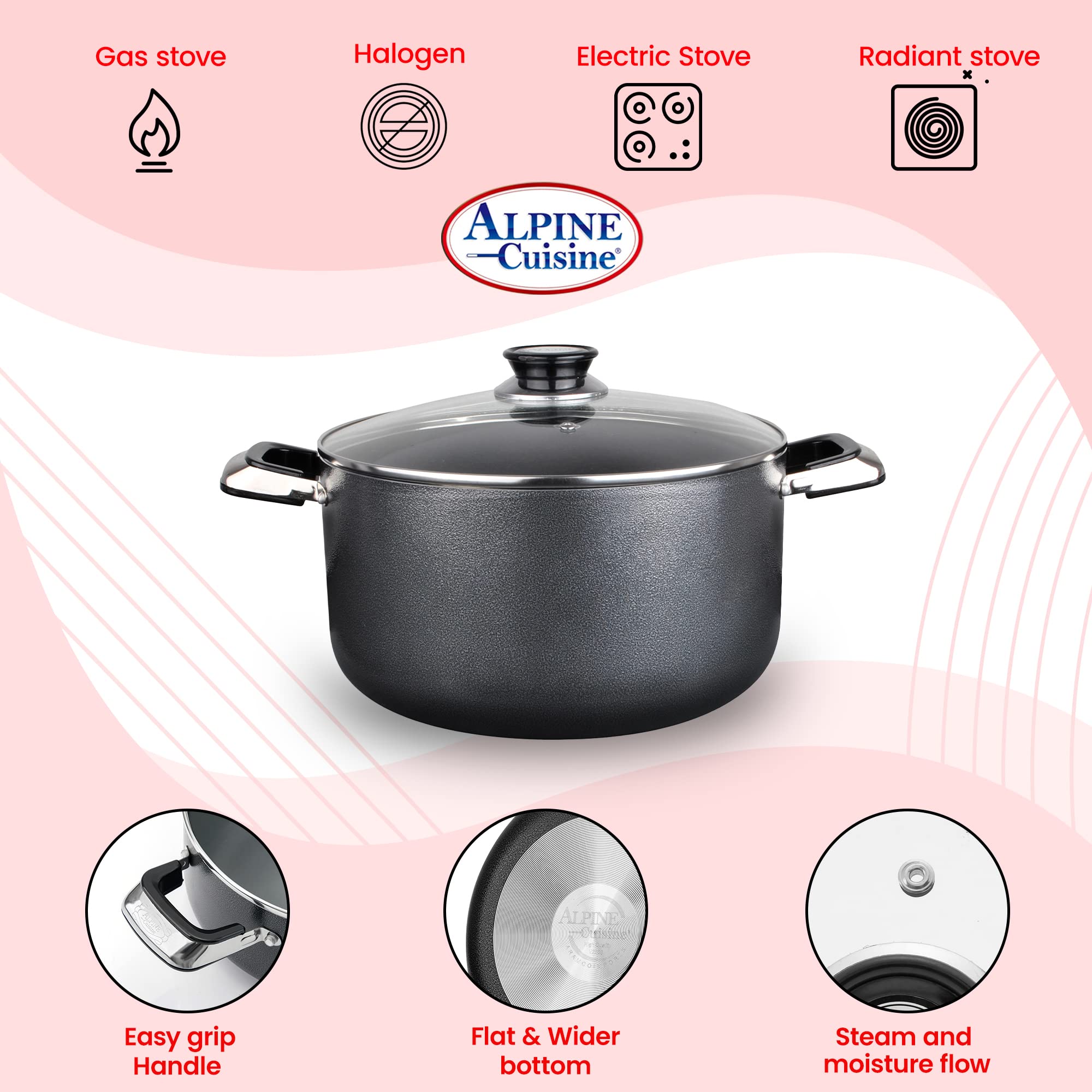 Alpine Cuisine 10 Quart Non-Stick Stock Pot with Tempered Glass Lid & Handles - Multi-Purpose Aluminum Dutch Oven for Braising, Boiling, Stewing - Perfect for Soups, Stews & Family Dinners