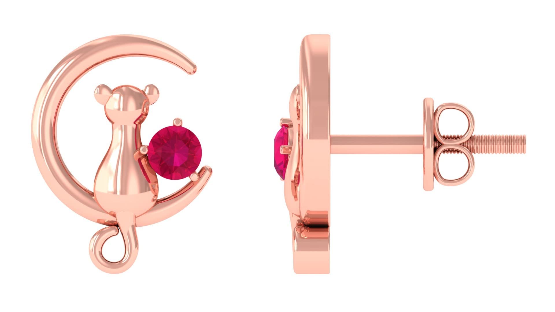 14K Solid Gold Ruby Half Moon and Cat Stud Earrings for Women - Elegant Ruby Jewelry with Cat & Crescent Moon Design - Perfect for Gifts, Parties, and Everyday Wear