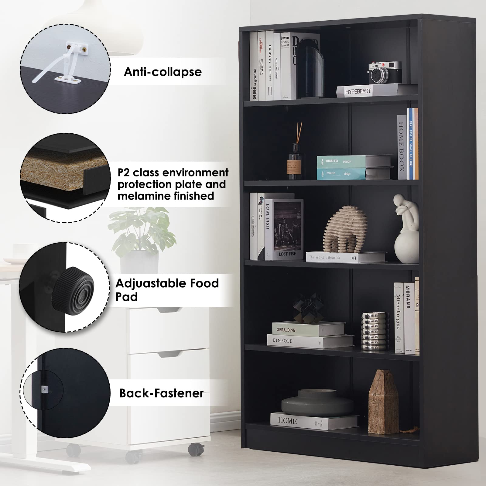 Sunon 5-Shelf Wood Bookcase - Freestanding Display Bookshelf for Home, Office & School - 11.6