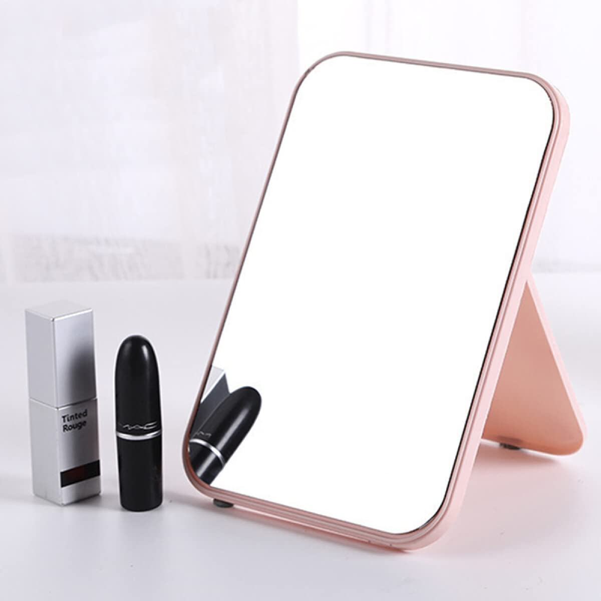 Leeonz Foldable Desktop Makeup Mirror with Stand - Portable Rectangle Vanity Mirror for Women & Girls, Pink | Perfect for Home, Travel & Dorm Room Beauty Routine