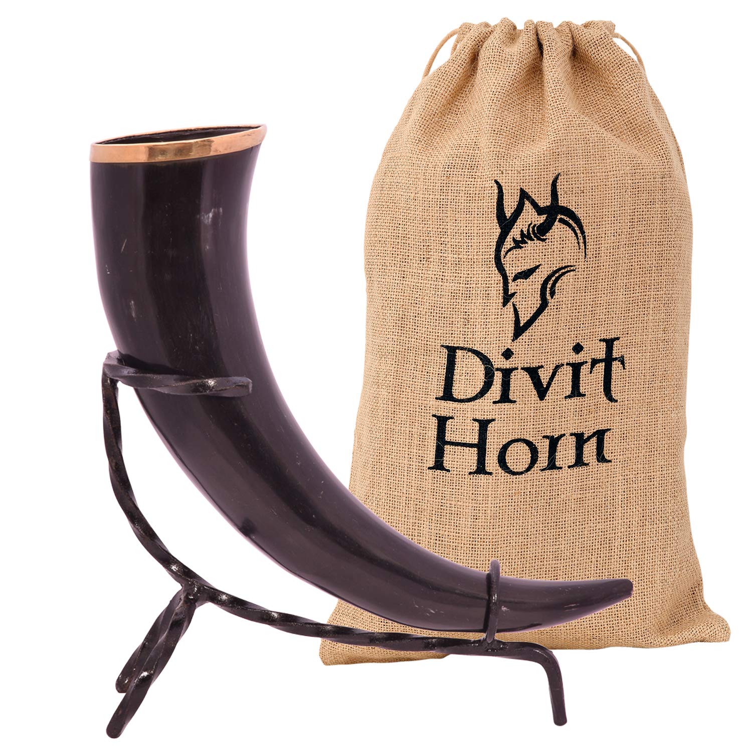 **Authentic Viking Drinking Horn with Iron Stand - 16 oz Medieval Beer & Mead Horn Cup - Handcrafted Brass Adornments & Burlap Gift Bag - Perfect for Renaissance Fairs, Viking Themed Parties & Historical Reenactments (Natural, Polished)**