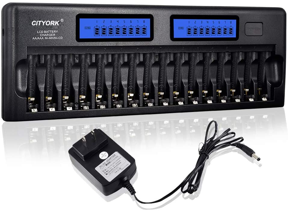 CITYORK 16 Slots LCD Display Smart Battery Charger for 1.2V AA/AAA NiMH/NiCd Rechargeable Batteries with Built-in IC Protection & AC Adapter - Fast Charging for Cameras, Toys, Flashlights & Electronics (Upgraded Version)