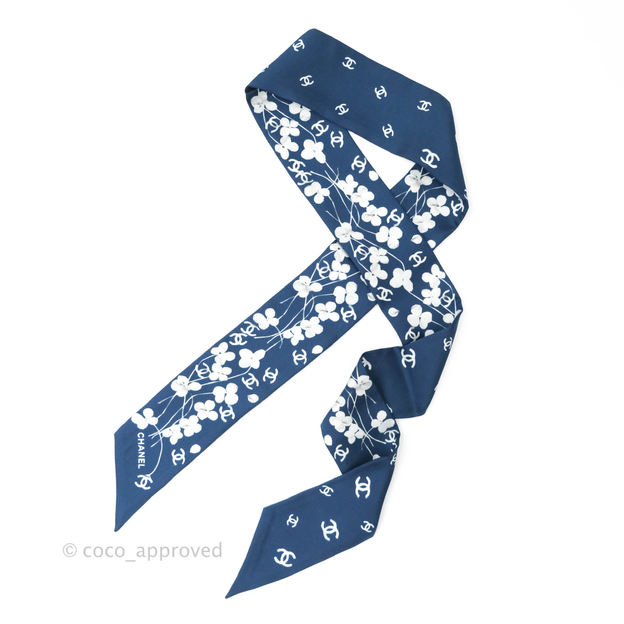 Chanel CC Flora Print Silk Twilly Scarf - Navy & White Luxury Fashion Accessory for Women | Perfect for Handbags, Gifts & Special Occasions