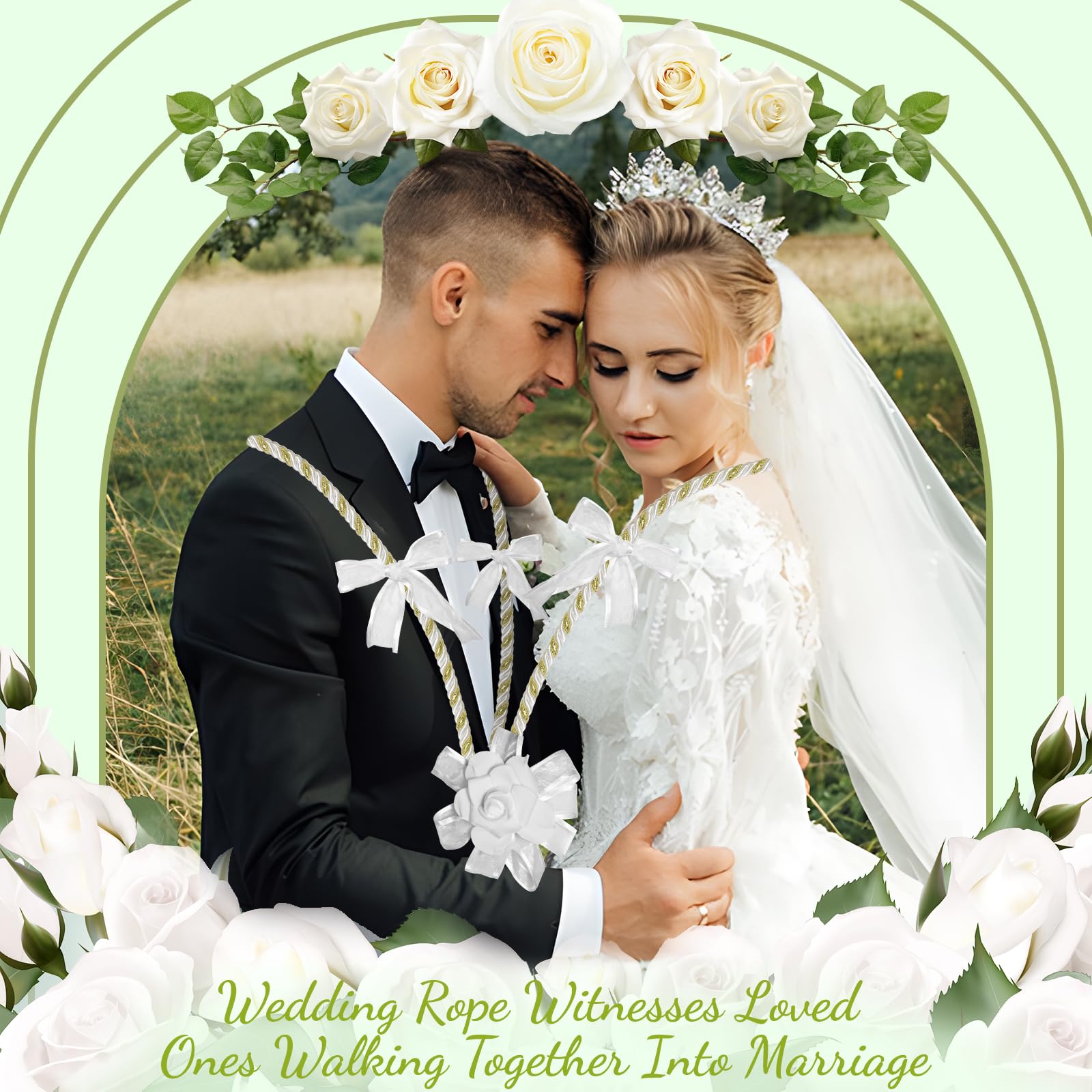 White Gold Wedding Lasso Rope with Flowers - Traditional Lazo Cord for Handfasting Ceremony, Bridal Gift - Perfect for Catholic, Mexican & Spanish Wedding Traditions (White)
