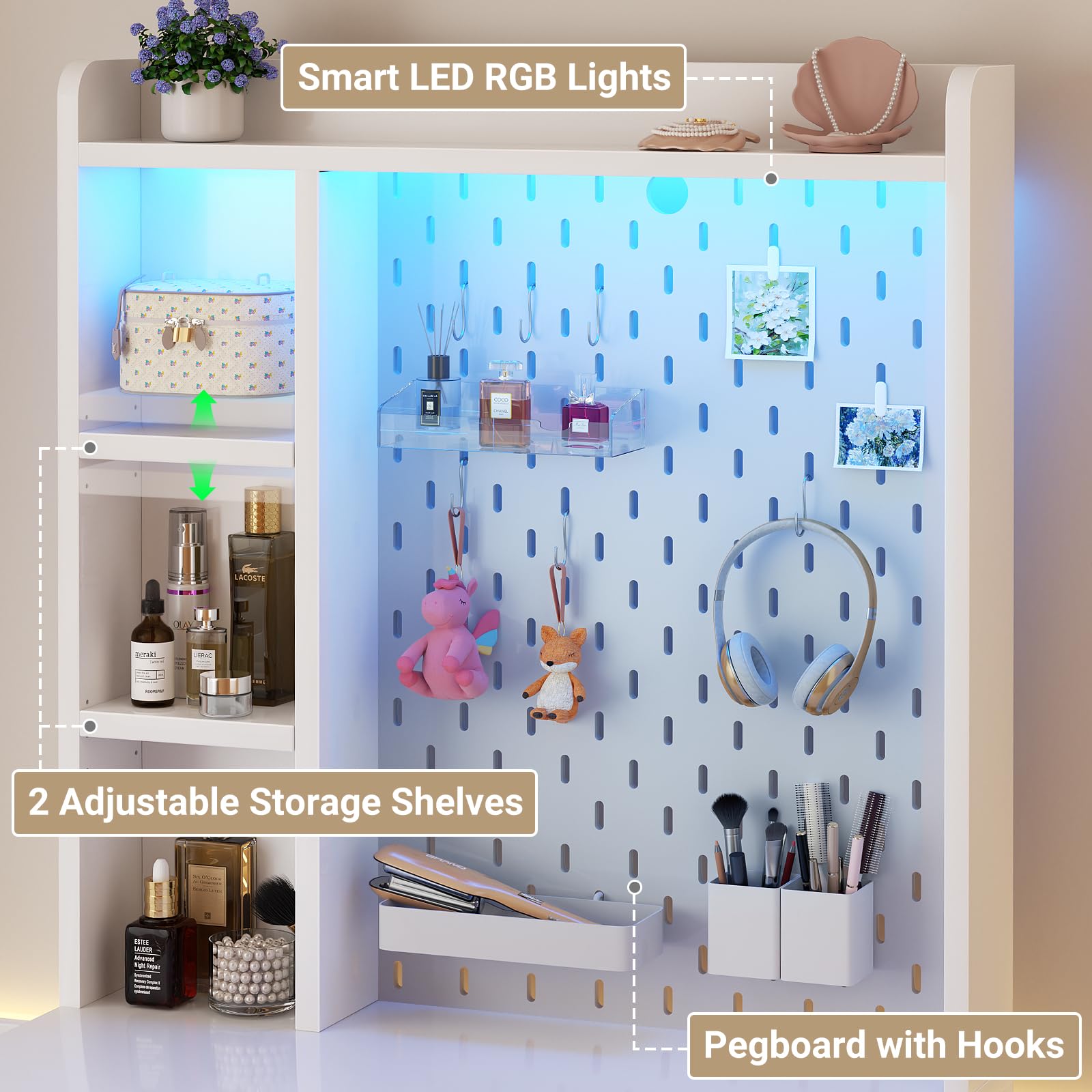 White Vanity Desk with Hutch, Drawers & LED Lights - 24