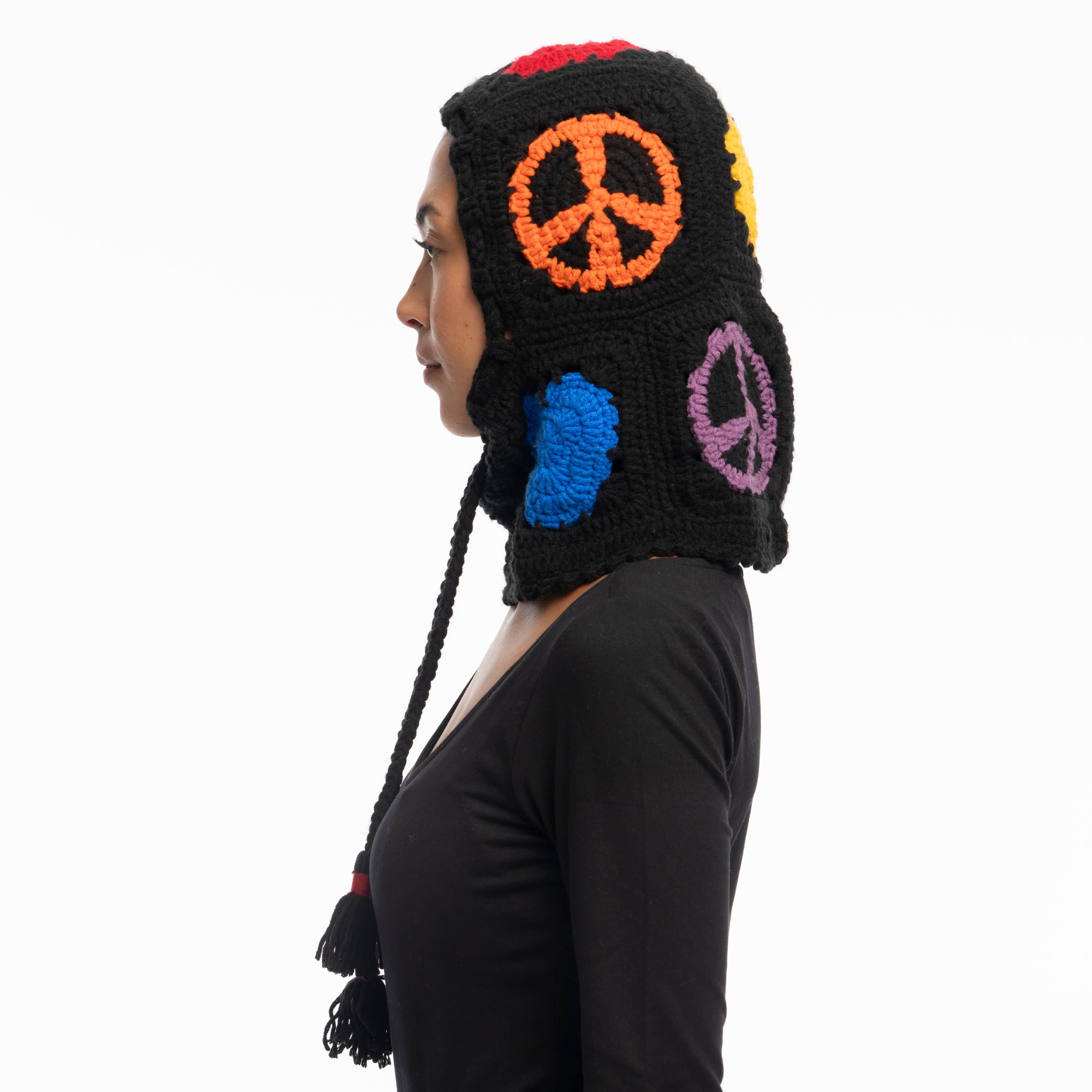 Crochet Black Peace & Love Balaclava and Gloves Set - Warm Winter Accessories for Skiing, Snowboarding, and Outdoor Activities