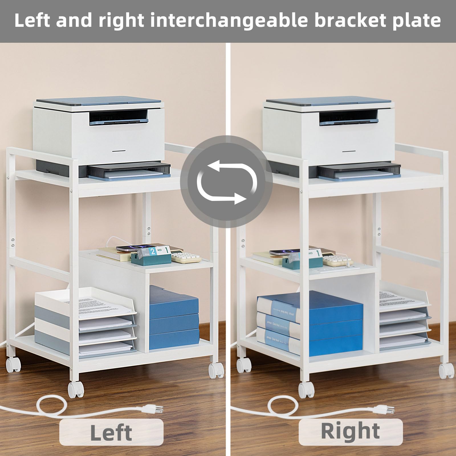 Lerliuo 3-Tier Mobile Printer Stand with Charging Station & USB Ports - White Rolling Industrial Printer Cart with Storage Shelf & Lockable Wheels - Perfect for Home Office, School, or Studio Workspace Organization