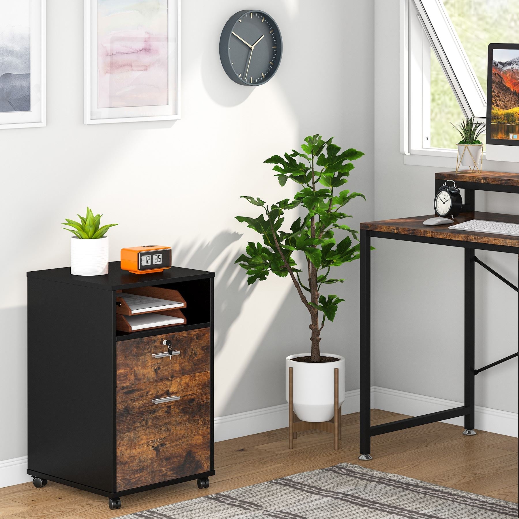 2-Drawer Locking File Cabinet with Wheels - Mobile Printer Stand for Office or Home Use, Heavy-Duty Storage Organizer for Documents and Supplies