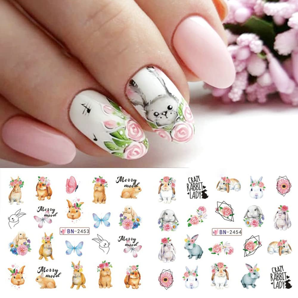 Easter Bunny Nail Art Stickers - Cute Cartoon Rabbit & Carrot Water Transfer Nail Decals - Floral Design Acrylic Nail Supplies for Women & Girls - 12 Sheets - Perfect for Spring Manicures, Easter Parties & Holiday Nail Decorations