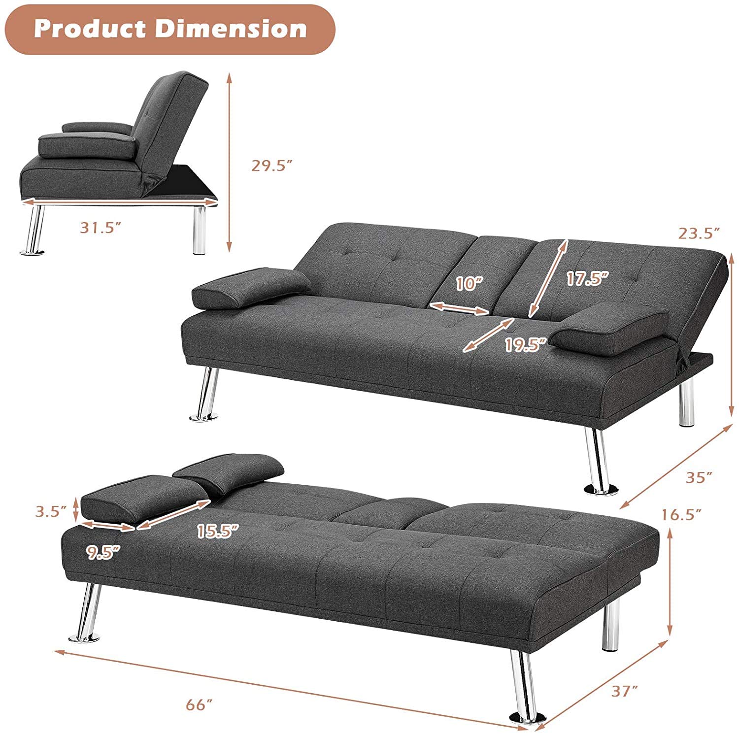 ARLIME Convertible Futon Sofa Bed - Adjustable Backrest, 2 Cup Holders & Removable Armrests - Modern Linen Upholstered Sleeper Sofa for Living Room, Bedroom & Home Office - Perfect for Small Spaces, Guest Rooms & Apartments