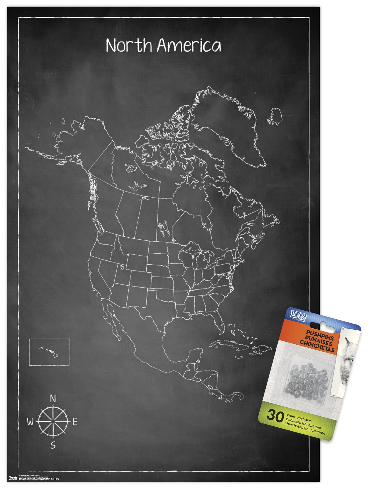 North America Chalkboard Map Wall Poster with Push Pins - Travel Planning & Geography Learning Decor for Home, Office or Classroom