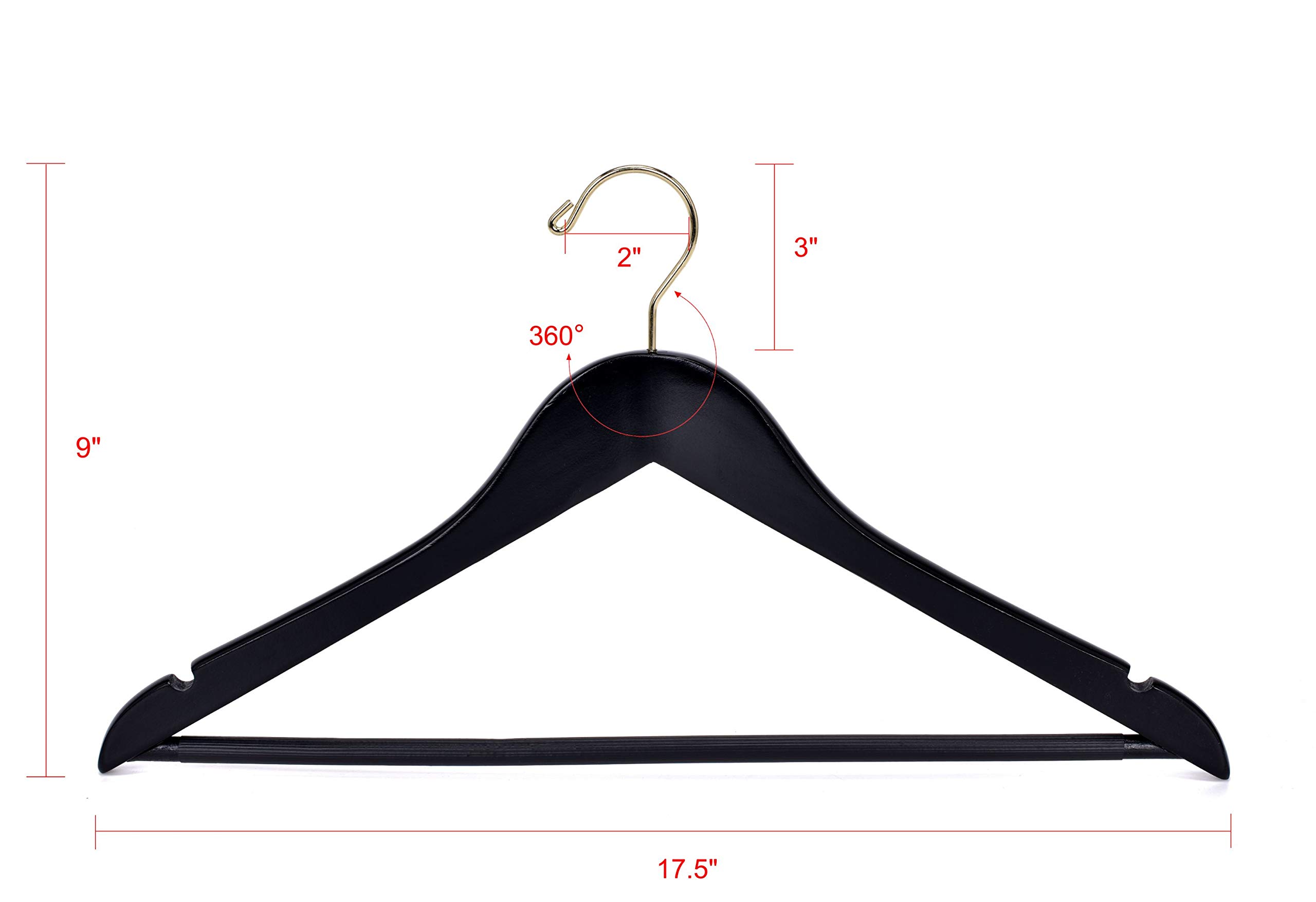 Premium Black Wooden Hangers - 80-Pack Slightly Curved Solid Wood Coat Hangers with Chrome Hooks - Heavy Duty for Clothes, Jackets, Shirts, Pants & Suits - Ideal for Closet Organization, Retail Stores & Luxury Garment Display (Black with Gold Hook, 80)