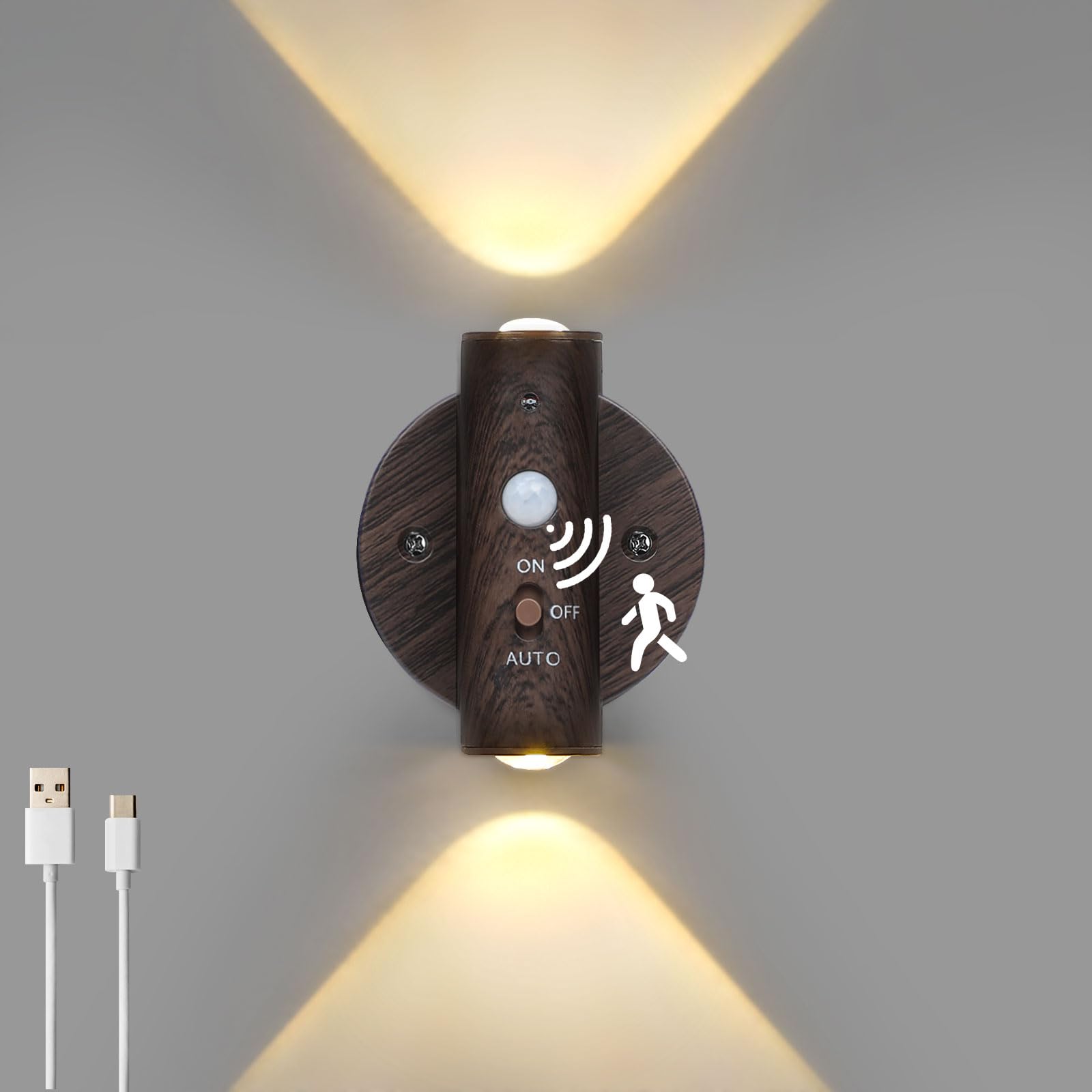 Motion Sensor Wall Sconce LED Night Light - Rechargeable Battery Operated Indoor Lighting with Magnetic Up/Down Design for Bedroom, Hallway, Staircase - Dark Brown Wood Finish | Perfect for Nighttime Safety & Ambient Home Decor